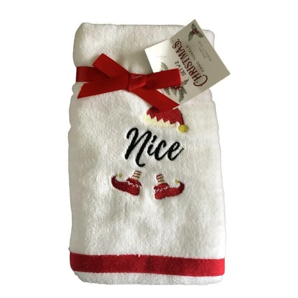 Christmas Naughty Nice Elf Hand Towels Set of 2 Bathroom Red White Holiday Bath